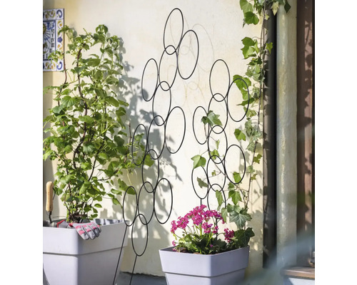 Support à plantes décoratif en métal avec motif circulaire, placé à côté de pots de fleurs plantés.