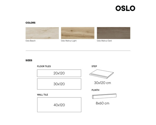 Sélection de couleurs et de tailles de carreaux Oslo