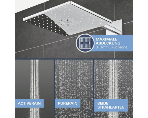 Pomme de douche avec différents types de jets et zone de douche de 310 millimètres