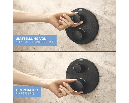 Éléments de commande pour passer de la douche de tête à la douchette à main et pour régler la température dans une douche