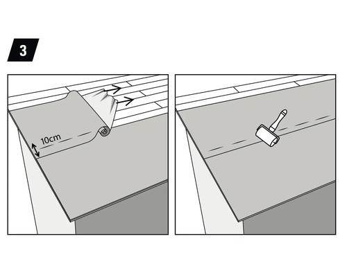 Illustration de la pose d''une sous-couche isolante avec un recouvrement de 10 centimètres et d''un rouleau de pression.