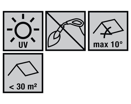 Résistant aux UV, pas d''utilisation de lance-flammes, inclinaison maximale de 10 degrés, moins de 30 mètres carrés