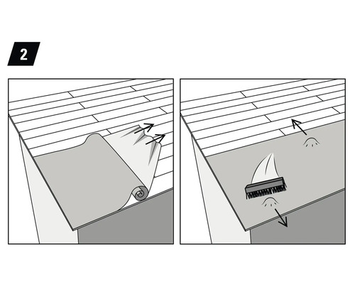 Représentation de la pose d''un sol en vinyle avec un dérouleur et une brosse.