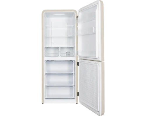 Geöffneter Kühl- und Gefrierschrank mit Regalen und Schubladen