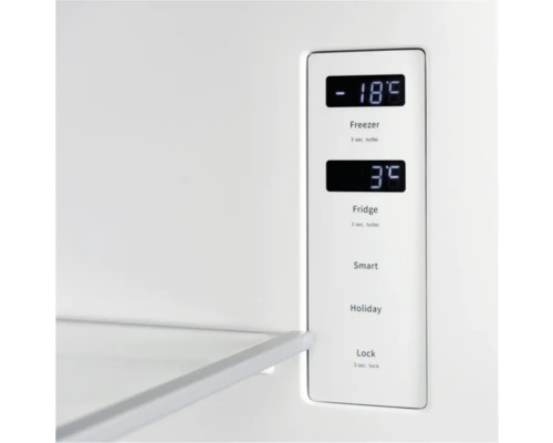 Innenraum eines Kühlschranks mit digitaler Temperaturanzeige für Gefrierfach und Kühlbereich