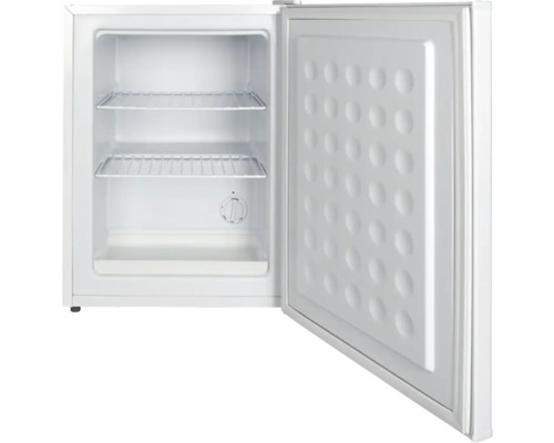 Mini-réfrigérateur blanc ouvert avec deux étagères