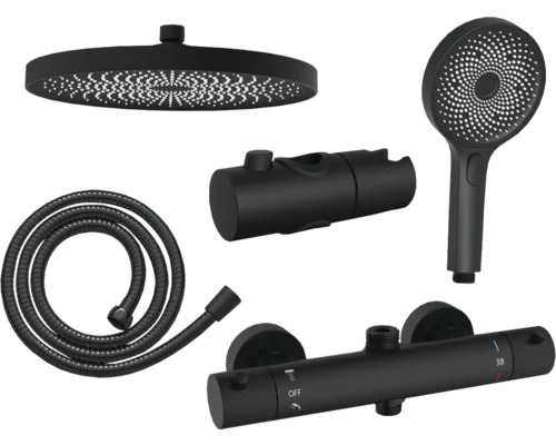 Système de douche avec douche de tête, douchette à main, flexible de douche et mitigeur thermostatique