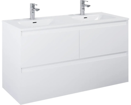 Meuble sous-vasque avec deux vasques et deux robinets