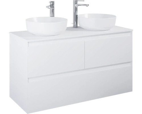 Meuble-lavabo blanc avec deux vasques à poser et robinets