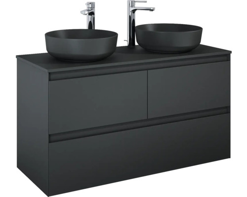 Meuble sous-vasque avec deux vasques à poser et deux robinets