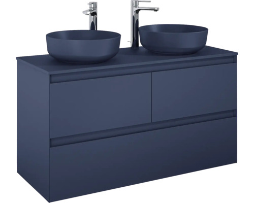 Waschtischunterschrank mit zwei Aufsatzwaschbecken und zwei Armaturen