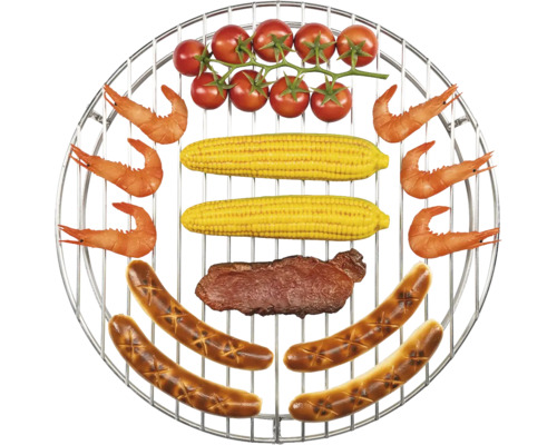 Grillrost mit Würstchen, Maiskolben, Garnelen, Steak und Tomaten