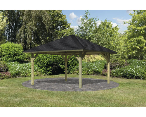 Gartenpavillon mit dunklem Dach und Holzpfosten