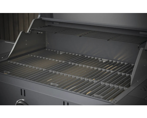 Barbecue à gaz ouvert avec grille de cuisson et grille de maintien au chaud.