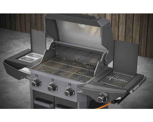 Grill à gaz avec grilles, support de maintien au chaud et tablettes latérales