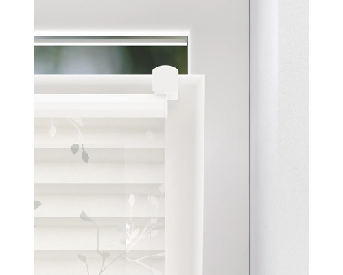 Vue détaillée d''un store duo avec motif de feuilles sur la fenêtre