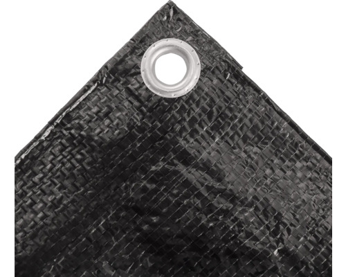 Detailansicht einer schwarzen Schutzplane mit Öse