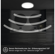 Deckenleuchte mit Bewegungssensor in einem Badezimmer mit einer Sensorreichweite von maximal 3 Metern und einem Erfassungswinkel von 120 Grad.
