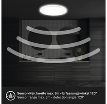 Deckenleuchte mit Bewegungsmelder in einem Badezimmer, Sensorreichweite maximal 3 Meter, Erfassungswinkel 120 Grad