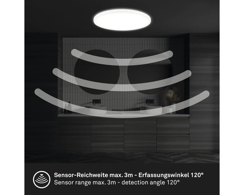 Deckenleuchte mit Sensorfunktion im Badezimmer mit maximal drei Meter Sensorreichweite und 120 Grad Erfassungswinkel