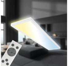 Rechteckige LED-Deckenleuchte mit Fernbedienung in einem modern eingerichteten Wohnzimmer.