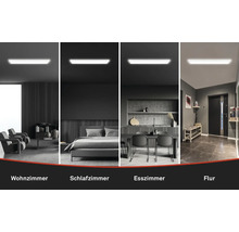 Anwendungsbeispiele einer Deckenleuchte in Wohnzimmer, Schlafzimmer, Esszimmer und Flur