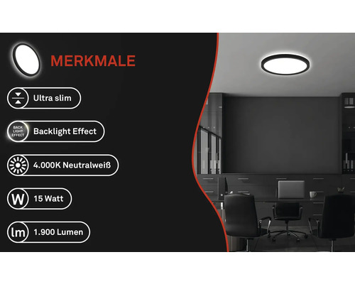 Schwarze LED Deckenleuchte mit den Produkteigenschaften: Ultra Slim, Backlight Effekt, 4.000K Neutralweiss, 15 Watt und 1.900 Lumen.