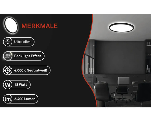 Eigenschaften der Deckenleuchte: Ultra Slim, Backlight Effekt, 4.000K Neutralweiss, 18 Watt, 2.400 Lumen