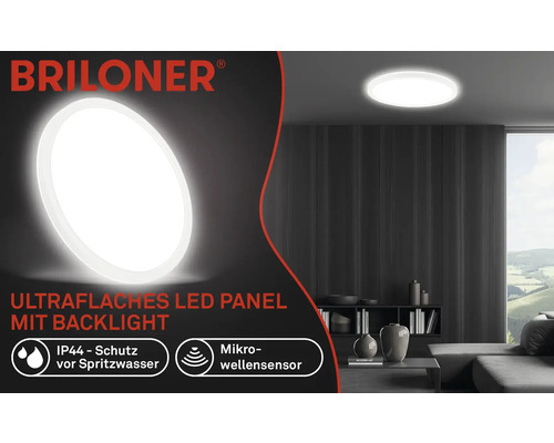 Briloner LED Panel Deckenleuchte mit Mikrowellensensor und Spritzwasserschutz IP44 in einem Wohnraum