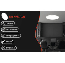 Merkmale einer LED Deckenleuchte: ultraflaches Design, Hintergrundbeleuchtungseffekt, Bewegungssensor, 22 Watt Leistung und 3.000 Lumen Lichtstrom