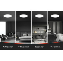 Collage mit einer Deckenleuchte in einem Wohnzimmer, Schlafzimmer, Esszimmer und Badezimmer.