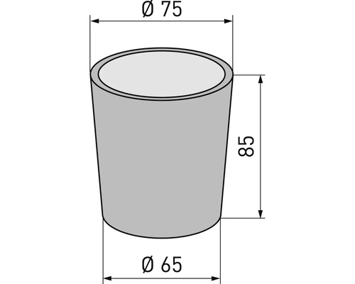Illustration d''un pot de fleurs avec des dimensions de 75 millimètres de diamètre en haut, 65 millimètres de diamètre en bas et 85 millimètres de hauteur