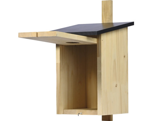 Vogelhaus aus Holz mit schwarzem Dach