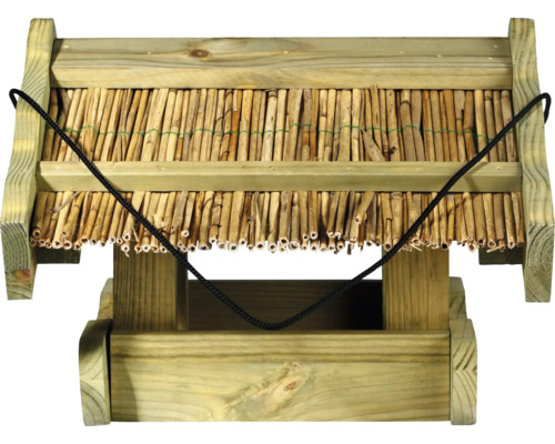 Mangeoire pour oiseaux en bois avec toit de chaume et cordon de suspension