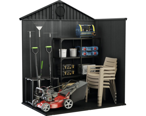 Abri de jardin avec tondeuse à gazon, étagères et outils de jardin