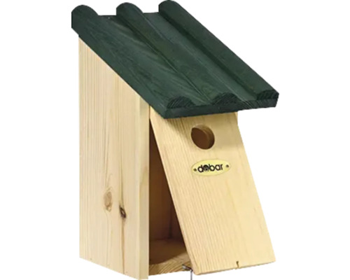Vogelhaus aus Holz mit geneigtem Dach und kreisförmigem Eingangsloch.