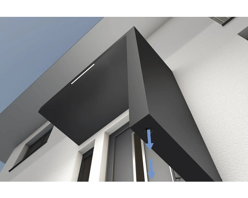 Ansicht einer modernen Hausfassade mit Vordach und Wasserablauf