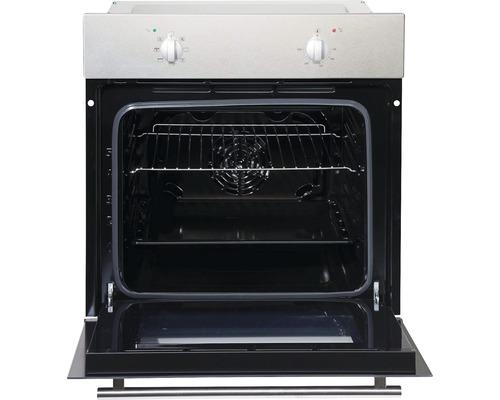 Four encastrable avec porte ouverte, intérieur avec grille et ventilateur visible