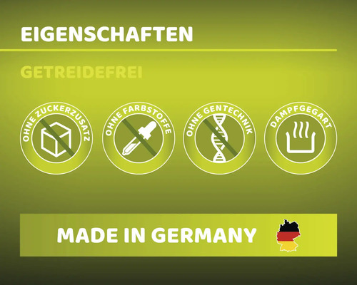 Produktmerkmale: Getreidefrei, ohne Zuckerzusatz, ohne Farbstoffe, ohne Gentechnik, dampfgegart, hergestellt in Deutschland.