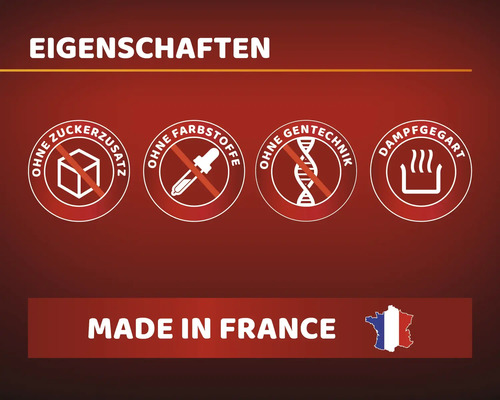 Eigenschaften: Ohne Zuckerzusatz, ohne Farbstoffe, ohne Gentechnik, dampfgegart, hergestellt in Frankreich