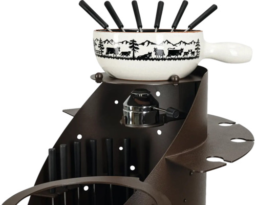 Fondue-Set mit Gabeln und Brenner auf Metallgestell