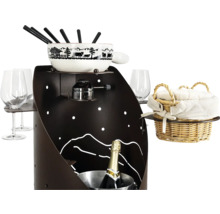 Fondue Set mit Schalen, Gabeln, Brenner, Gläsern, Brotkorb und Sektflasche