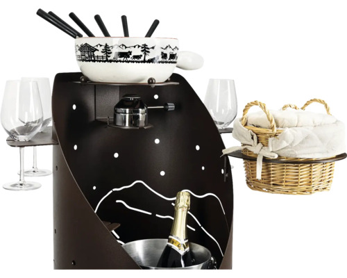 Fondue Set mit Schalen, Gabeln, Brenner, Gläsern, Brotkorb und Sektflasche