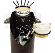 Fondue Set mit Spiritusbrenner, Gabeln, Brotkorb und Weinflaschenhalterung
