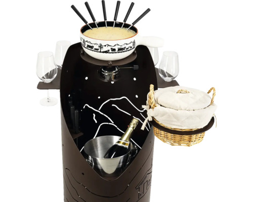 Fondue Set mit Spiritusbrenner, Gabeln, Brotkorb und Weinflaschenhalterung