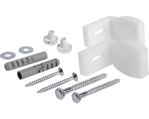 Befestigungsmaterial für Duschkabinen, bestehend aus Eckverbinder, Dübel, Schrauben und Unterlegscheiben