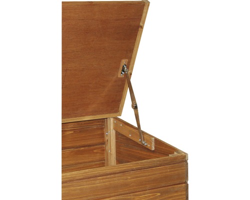 Vue détaillée d''un coffre de jardin ouvert en bois avec support de couvercle