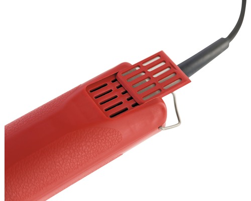 Detailansicht eines roten Heissluftföhns mit Kabel
