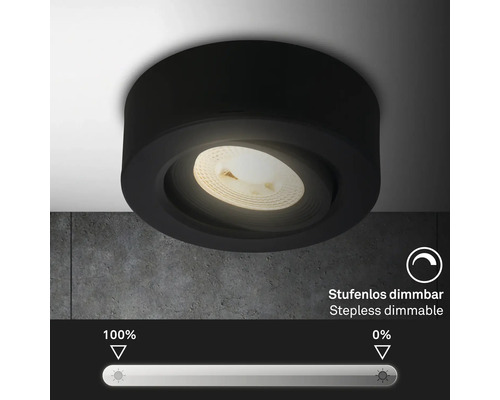 Schwarze Deckenleuchte mit stufenloser Dimmfunktion.
