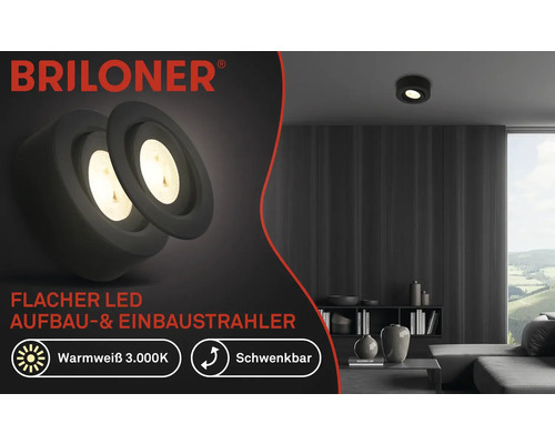 Éclairage à encastrer/à monter en saillie 1 x LED 4,9 W noir Logo Briloner. Spot LED plat apparent et encastré dans un salon.